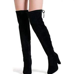 Vepose Black Suede Over The Knee High Boots with Chunky Heel - 3 1/2” Heel